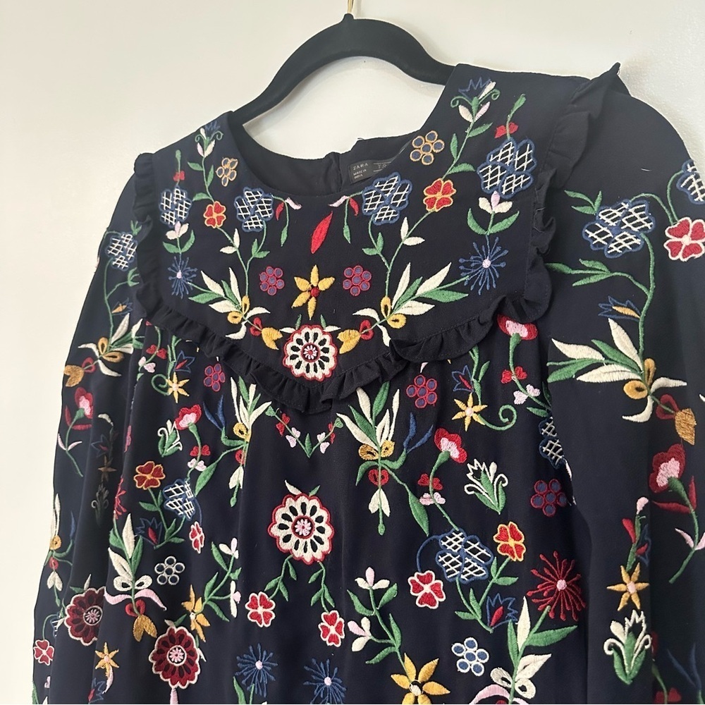 Zara Blue Full Embroidered Mini Shift Dress Size Women’s Medium Long Sleeve - Picture 2 of 15